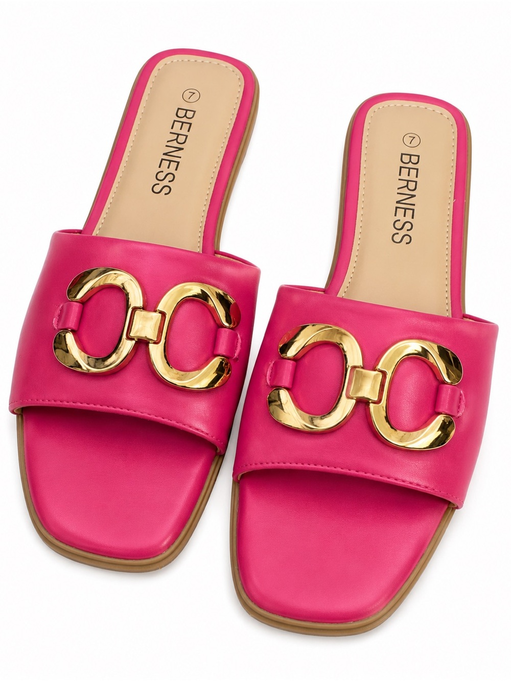 BERNESS Hot Pink Slide Sandals Flats with Gold Chain Detail Hardware